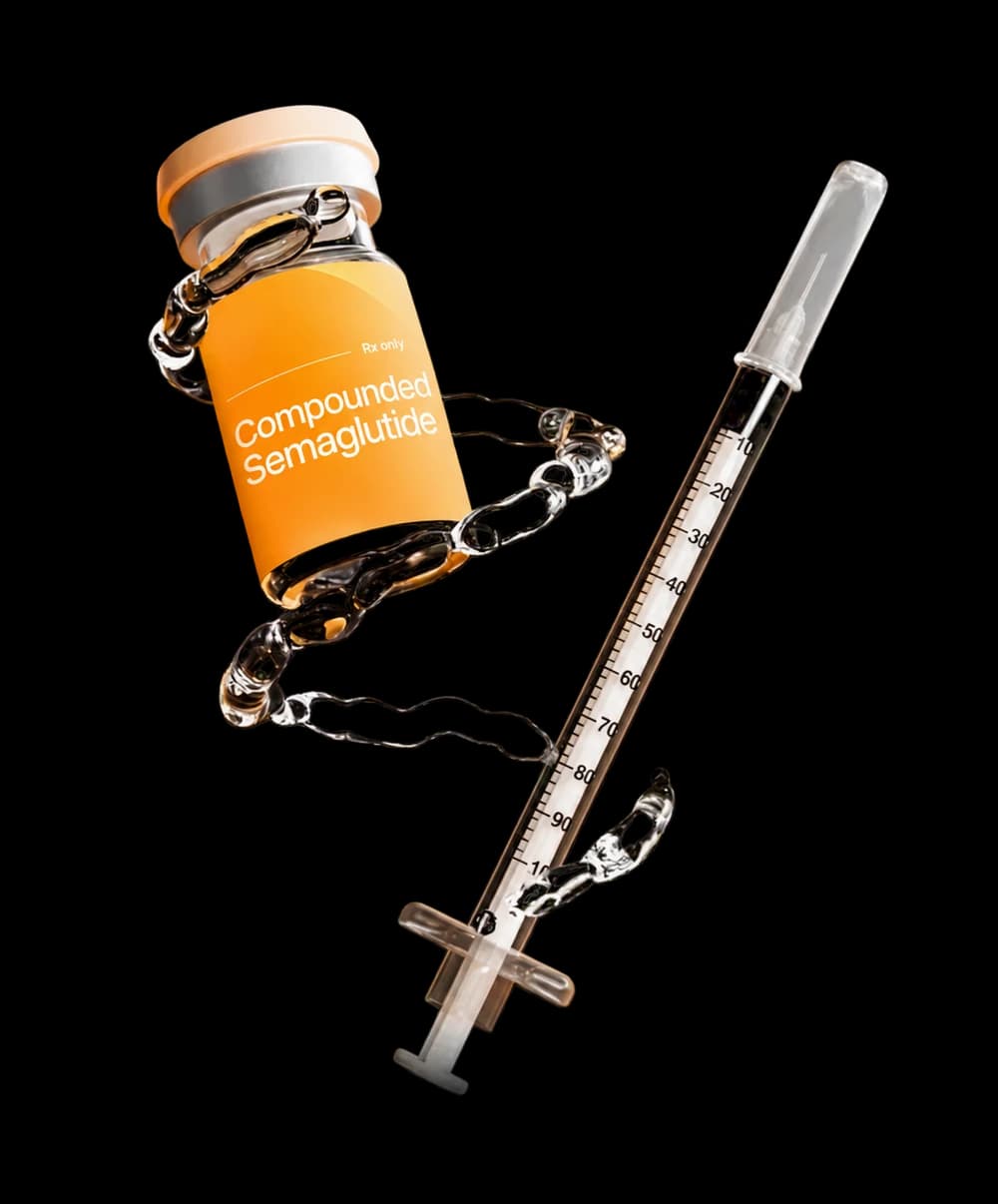Illustrative medication vial with no company branding, a syringe and silver chain
